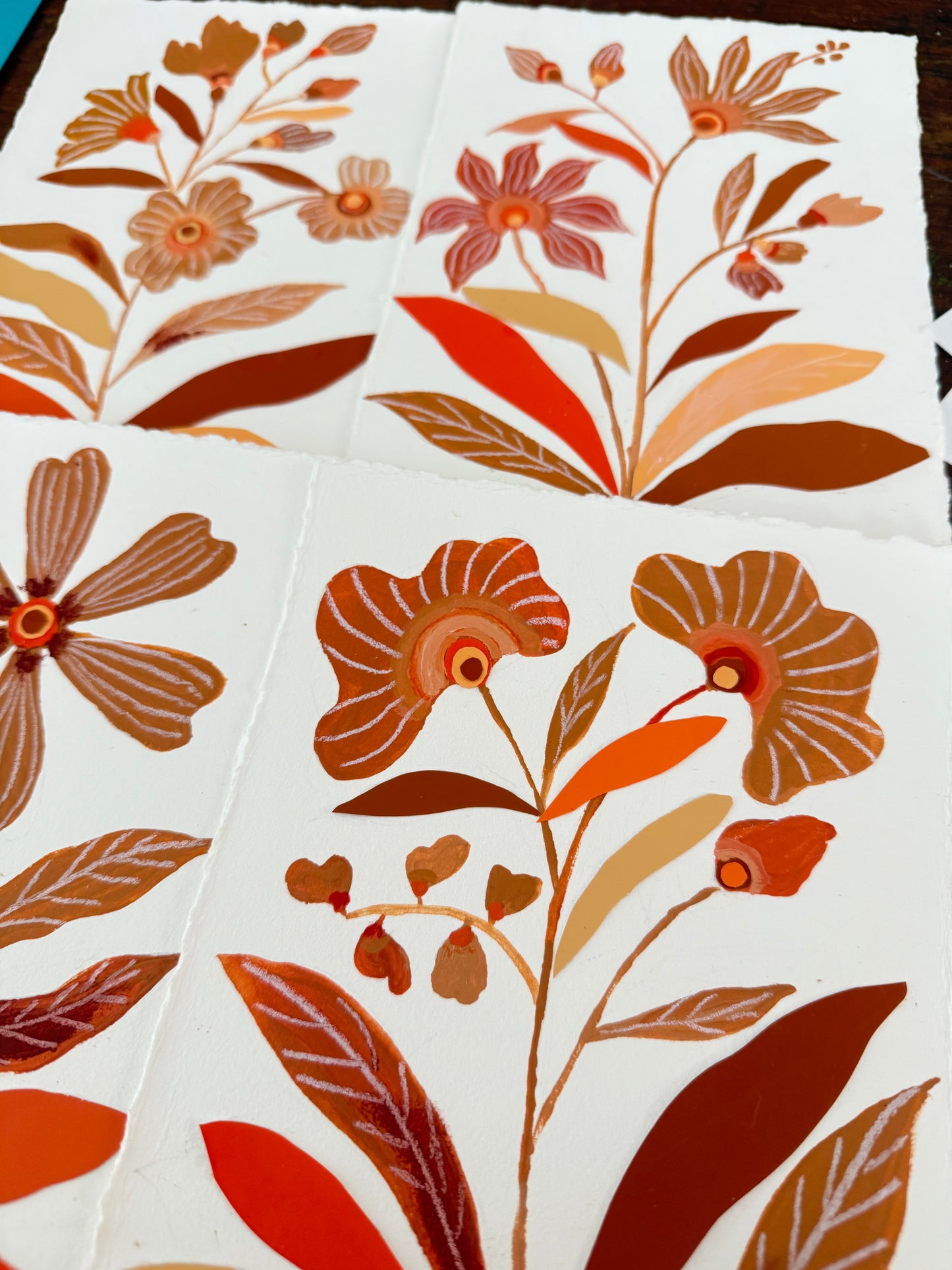 *SET OF 4* Mixed Media Orange Flowers - 5.5 x7"