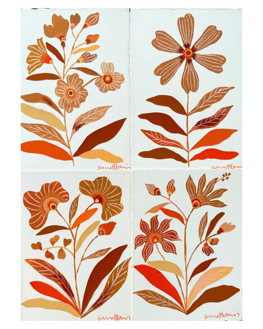 *SET OF 4* Mixed Media Orange Flowers - 5.5 x7"